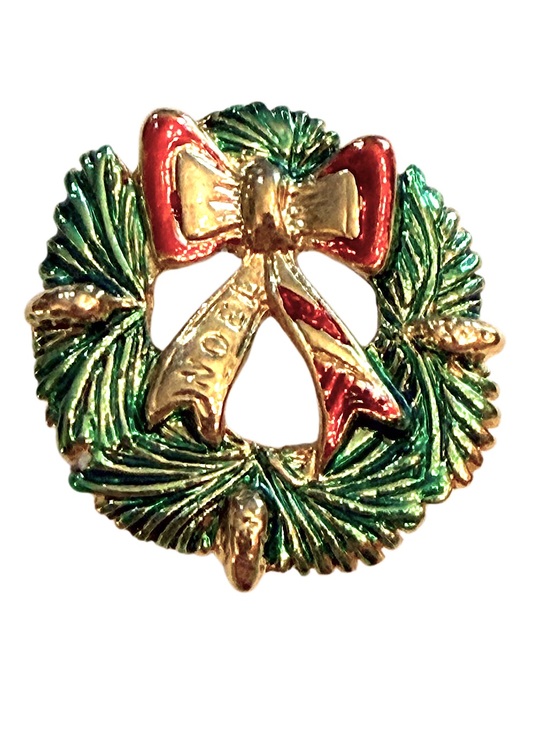 Vintage Jewelry - Vintage Holiday Wreath Pin with Red Bow